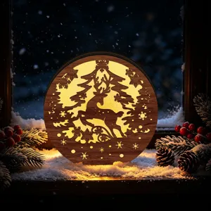 Exquisite wooden hollow-carved Christmas deer LED glowing desktop ornament detail scene.
