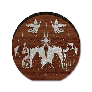 Wooden Christmas Nativity scene ornament table decor, festive circular wooden display piece.