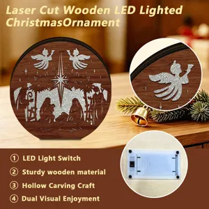 Detailed view of laser cut wooden LED lighted Christmas ornament with hollow Nativity scene.