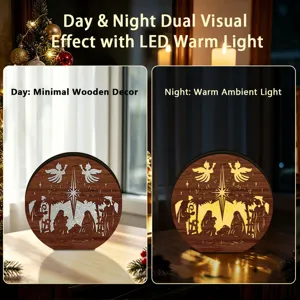LED wooden Christmas Nativity scene decoration lamp with day and night warm ambient lighting.
