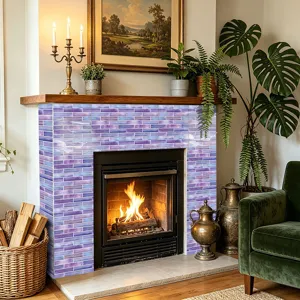 Detailansicht lila Mosaik Fliesenaufkleber auf Kaminflaeche fuer moderne Wanddeko.