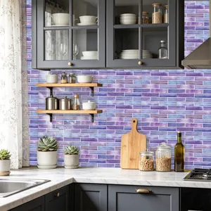 Wasserdichte Fliesenaufkleber zum Aufkleben fuer Küchenwand Dekoration, lila blaue Kristallfolie.