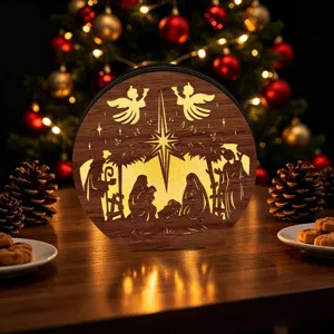 LED lighted wooden Christmas nativity scene decorative ornament for holiday tabletop display.