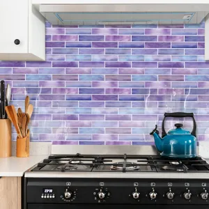 Impermeabili adesivi per piastrelle in acquerello viola blu per decorazione cucina moderna.