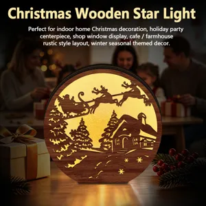 Warm glowing LED wooden Christmas light detail view, perfect holiday table decoration.