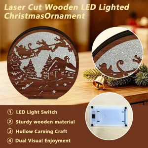 Laser cut wooden LED lighted Christmas ornament with hollow carving design for holiday decor.