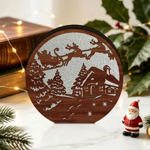 LED wooden Christmas tree ornament detail view with glowing lights and festive scene design.