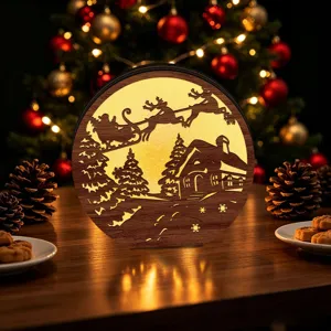 Wooden LED Christmas light ornament, carved hollow design with Santa and reindeer desktop decor.
