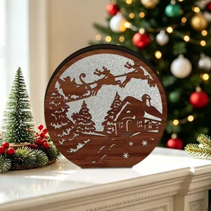LED wooden Christmas decorative ornament with hollow reindeer and santa design for holiday tabletop