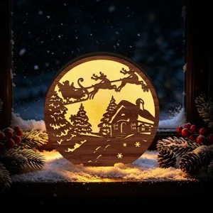 Wooden LED Christmas light up decoration featuring hollow carved reindeer and cozy holiday scene.