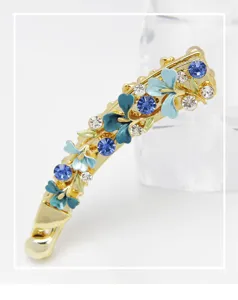 Elegant blue floral banana hair clip, handmade rhinestone metal ponytail holder for women.