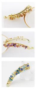 Korean style floral rhinestone banana hair clip hand painted crystal metal hair accessory.