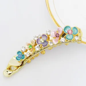 Korean style flower banana clip hair accessory with colorful enamel and sparkling rhinestones for women.