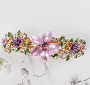 Korean alloy floral hair clip for women, elegant rhinestone spring hairpin headwear.