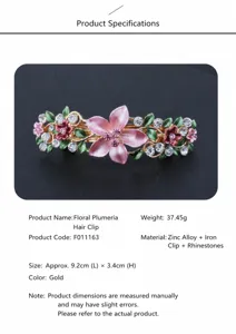 Elegant alloy floral hair clip with sparkly rhinestones and enamel flowers, 9.2cm.