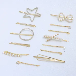 Gold Alloy Artificial Pearl Rhinestone Hair Clips Set Geometric Star Heart Hairpins Fashion Hair Accessories For Women