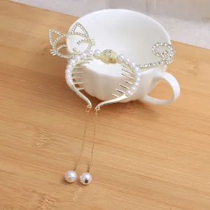 Metal cat hair claw clip with rhinestones and pearls bun maker hairpin for women elegant