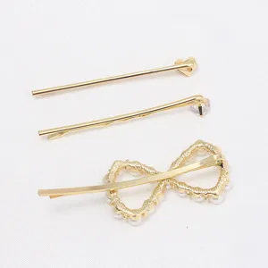 Gold hair clips set for women, elegant pearl bow and rhinestone bobby pins for daily fashion use