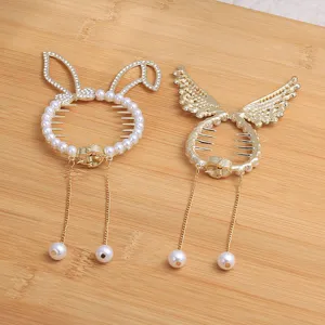 Gold pearl hair claw clip rabbit ears wing bun maker elegant hair styling accessory for women