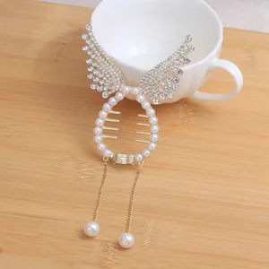 Pearl Rhinestone Angel Wing Hair Claw Clip Elegant Metal Hair Accessory For Women Party