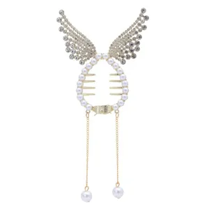 Elegant pearl rhinestone wing hair claw clip for women, stylish tassel hair accessory for buns.