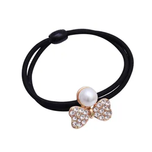 Chouchou de cheveux noir double brin de mode coréenne avec nœud strass et perle.