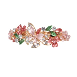 Exquisite alloy rhinestone butterfly flower hair clip, retro pink spring barrette for women.