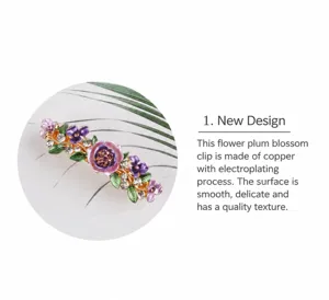 Detailed view of the elegant alloy floral hair clip featuring sparkling rhinestones and smooth plating.
