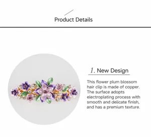 Detailed view of metal hair clip with purple enamel flowers and rhinestones, polished.