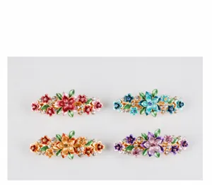 Close-up detail of exquisite alloy enamel flower hair clip showcasing vibrant multi-color rhinestone design.