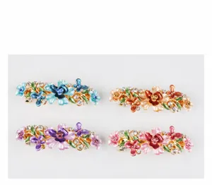 Detailed view of alloy floral rhinestone spring hair clip with colorful enamel flowers.