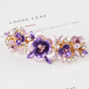 Elegant purple flower hair clip with sparkling rhinestones, premium alloy spring clip for women.