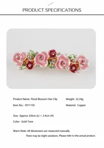 Korean style alloy flower hair clip with rhinestones, elegant hairpin for women and girls.