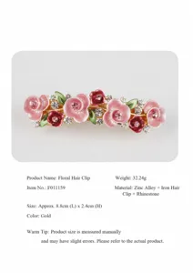 Exquisite alloy flower hair clip with rhinestones, elegant pink plum design, spring clip.