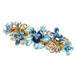 Elegant blue enamel flower alloy spring hair clip with sparkling rhinestones for women.