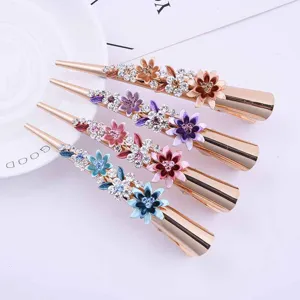 Exquisite alloy hair clips with colorful enamel flowers and sparkling rhinestones for hair styling.