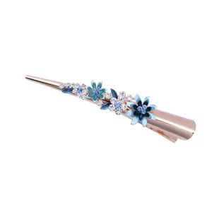 Korean style rose gold metal hair clip with blue enamel flowers and sparkling crystal rhinestones.