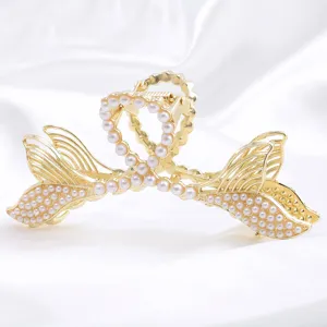 Gold pearl hair claw clip mermaid tail hair catch large metal shark clip for women styling