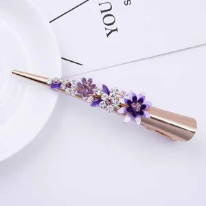 Elegant purple flower rhinestone hair clip detail, rose gold alloy horn clip for charming women.