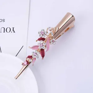 Gold tone rhinestone enamel flower hair clip elegant metal ponytail hairpin for women