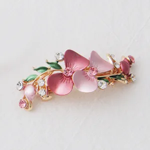Korean style alloy flower hair clip with pink enamel and sparkly rhinestones for women