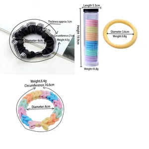 Candy color seamless hair ties detail view, showing size, diameter and weight specifications.