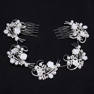 Peigne à cheveux de mariée en alliage floral avec perles et strass, accessoire de mariage élégant.