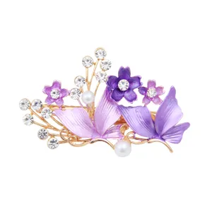 Elegant purple butterfly and flower hair clip with rhinestones and pearls for women main view