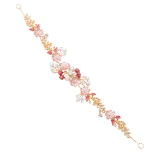 Gold floral hair vine with pink enamel flowers and pearls, bridal hair accessory for women.