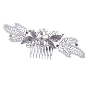 Elegant silver butterfly hair comb with pearls and rhinestones for stunning updo hairstyles.