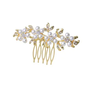 Gold Perle Strass Haarkamm Blumen Braut Einsteckkamm Haarschmuck Hauptansicht