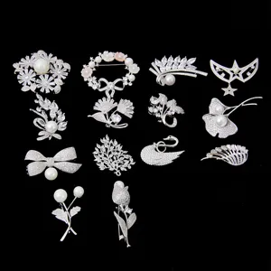 Zircon pearl brooch set featuring floral and bow styles for elegant suits and dresses.