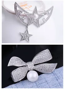 Elegant zircon pearl brooch pins, exquisite moon star and bow tie designs for formal dress.