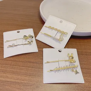 Gold metal hair clips set with rhinestones, cute cartoon bear and rabbit side hairpins for women